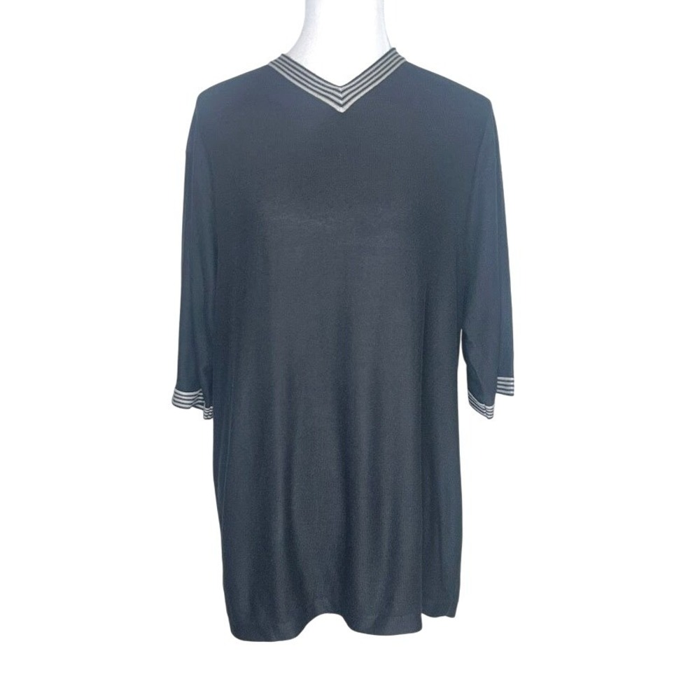 Bachrach Mens Black Silk Cotton V-Neck Short Sleeve Knit Sweater Size L Striped